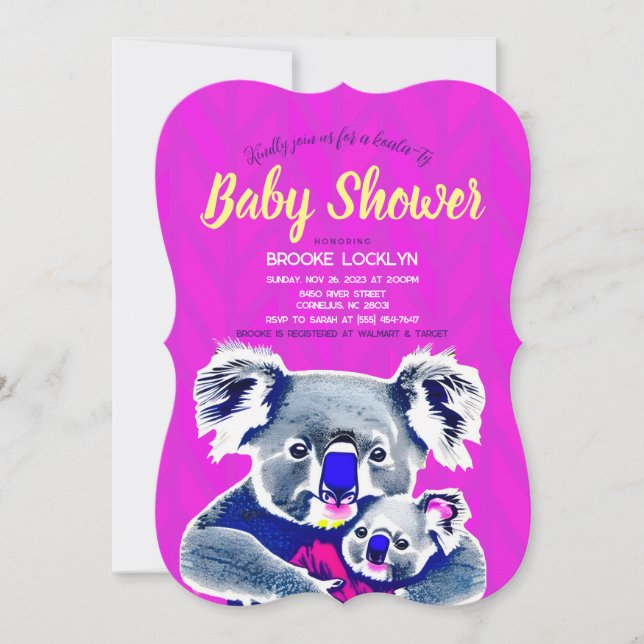 Cute Bright Neon Pink Mom and Baby Koalas Shower  Invitation (Front)