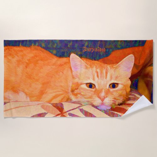 Cute Bright Orange Tabby Cat Beach Towel
