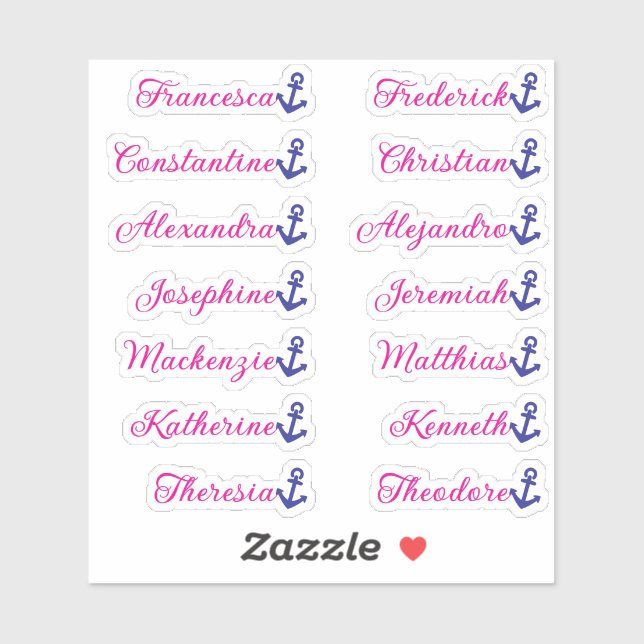 Cute Bright Pink Anchor 14 Custom Guest List Names Sticker (Sheet)