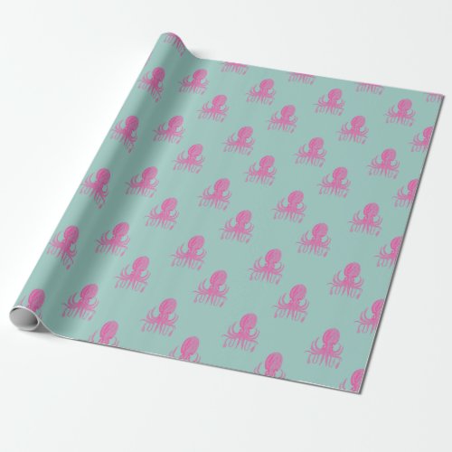 Cute Bright Pink and Aqua Blue Octopus Pattern Wrapping Paper
