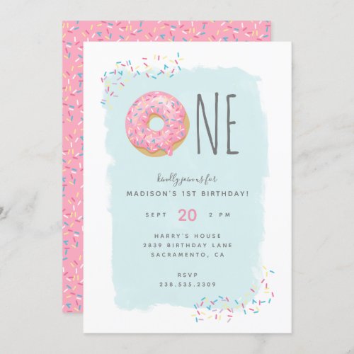 Cute Bright Pink Doughnut Sprinkle 1st Birthday Invitation