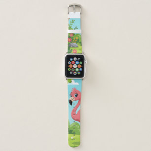 Cute bright pink flamingo in garden apple watch band