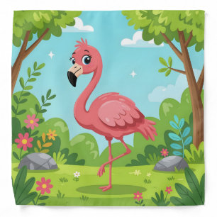 Cute bright pink flamingo in garden bandana