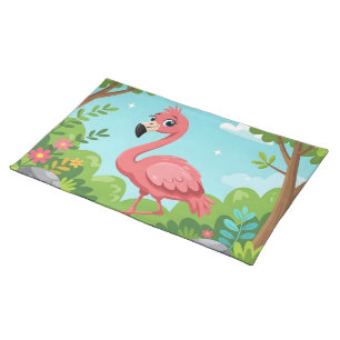 Cute bright pink flamingo in garden cloth placemat