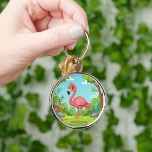 Cute bright pink flamingo in garden keychain