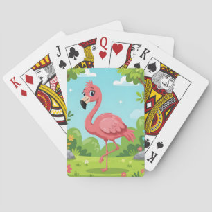 Cute bright pink flamingo in garden poker cards