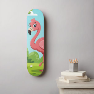 Cute bright pink flamingo in garden skateboard