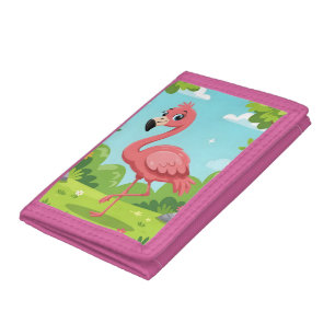 Cute bright pink flamingo in garden tri-fold wallet