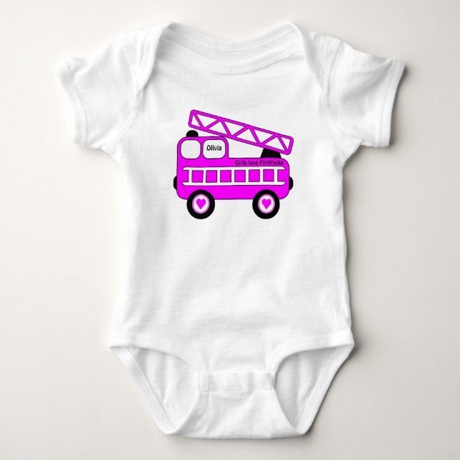 Cute Bright Pink Girls Firetruck Design Baby Bodysuit (Front)