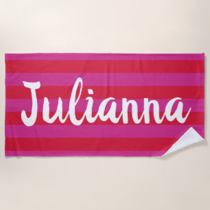 Cute Bright Pink Red Wide Stripes Personalized Beach Towel