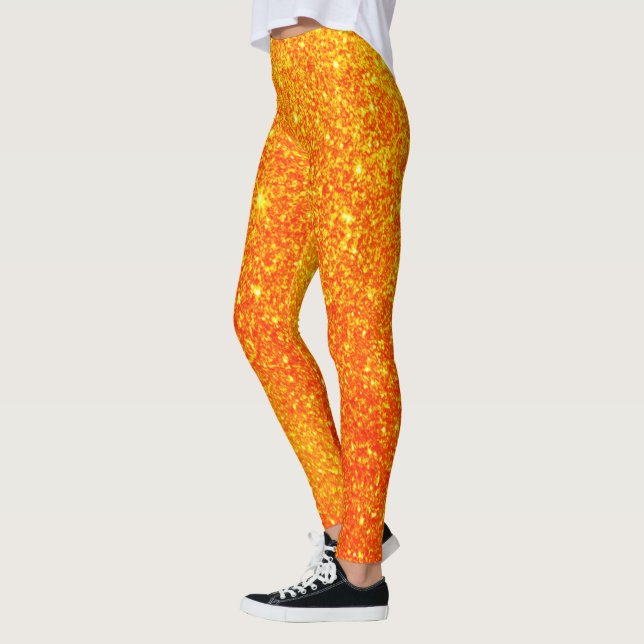 Cute Bright Pumpkin Glitter Halloween Leggings (Left)