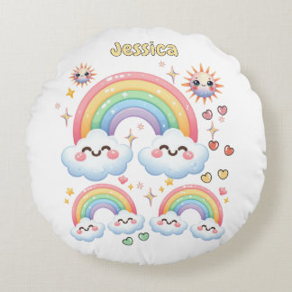 Cute Bright Rainbow Clouds Round Pillow