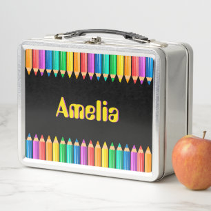 Cute Bright Rainbow Colors Pencils Kids Name Metal Lunch Box