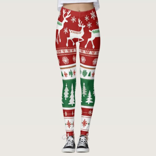 Cute Bright Red Green Christmas Sweater Pattern Leggings