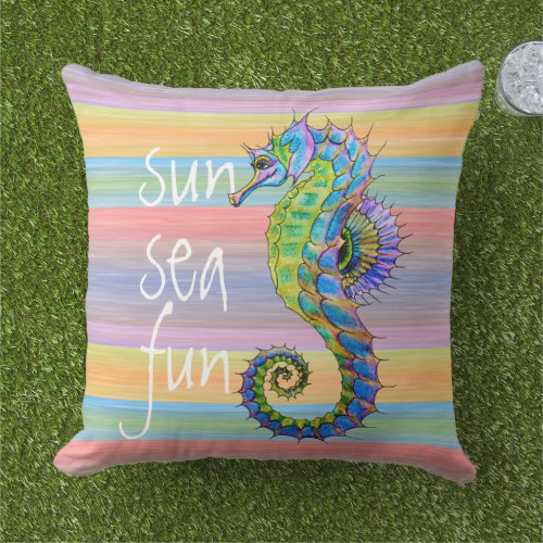 Cute Bright Summer Colors Artsy Seahorse Outdoor Pillow