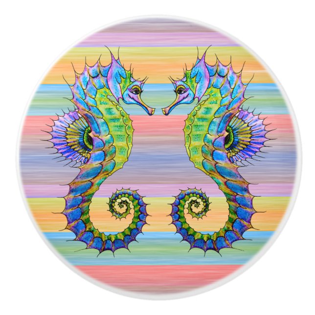 Cute Bright Sunset Colors Artsy Seahorse Ceramic Knob (Front)