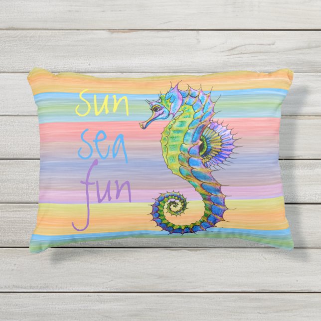 Cute Bright Sunset Colors Artsy Seahorse Outdoor Pillow (Front)