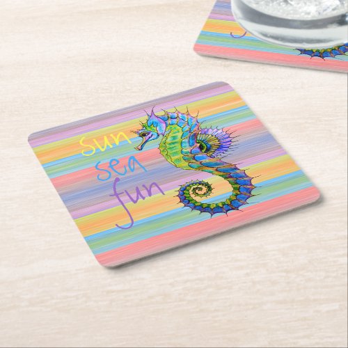 Cute Bright Sunset Colors Artsy Seahorse Square Paper Coaster