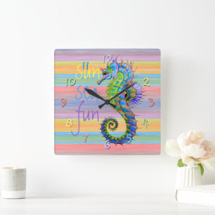 Cute Bright Sunset Colors Artsy Seahorse Square Wall Clock