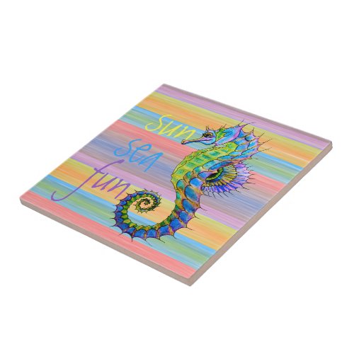 Cute Bright Sunset Colors Artsy Seahorse Tile