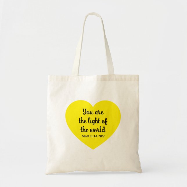 Cute Bright Yellow Heart Light of the World Bible Tote Bag (Front)