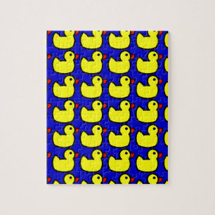 Cute Bright Yellow Rubber Ducky Pattern on Blue Jigsaw Puzzle