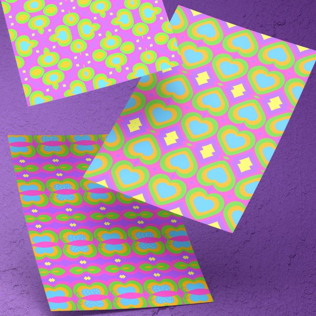 Cute Brightly Colored  Wrapping Paper Sheets (Brightly colored hand drawn motif will cover your gifts or projects with hearts, butterflies  & more)
