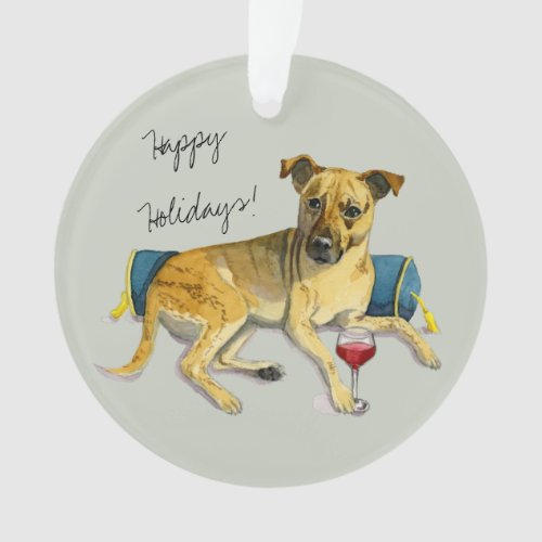 Cute Brindle Dog Enjoying Wine Painting Ornament