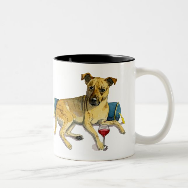 Cute Brindle Dog Enjoying Wine Watercolor Painting Two-Tone Coffee Mug (Right)