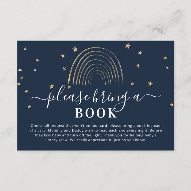 Cute Bring a Book Gold Rainbow & Stars Baby Shower Enclosure Card (Front)