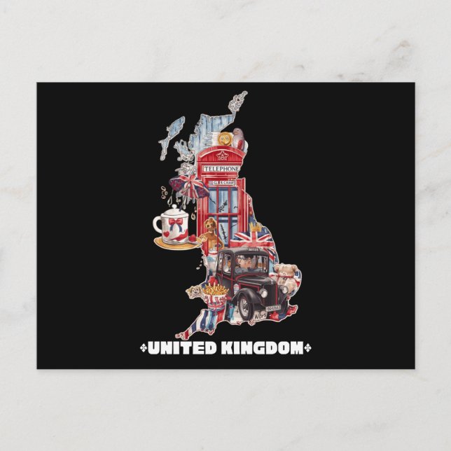 Cute British Icons map United Kingdom Collage Art Postcard (Front)