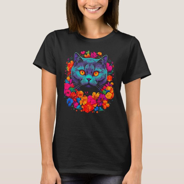 Cute British Shorthair Cat Flowers T-Shirt (Front)