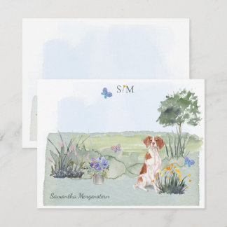 Cute Brittany Spaniel Dog Butterfly Monogram Name Note Card