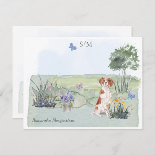 Cute Brittany Spaniel Dog Butterfly Monogram Name  Note Card