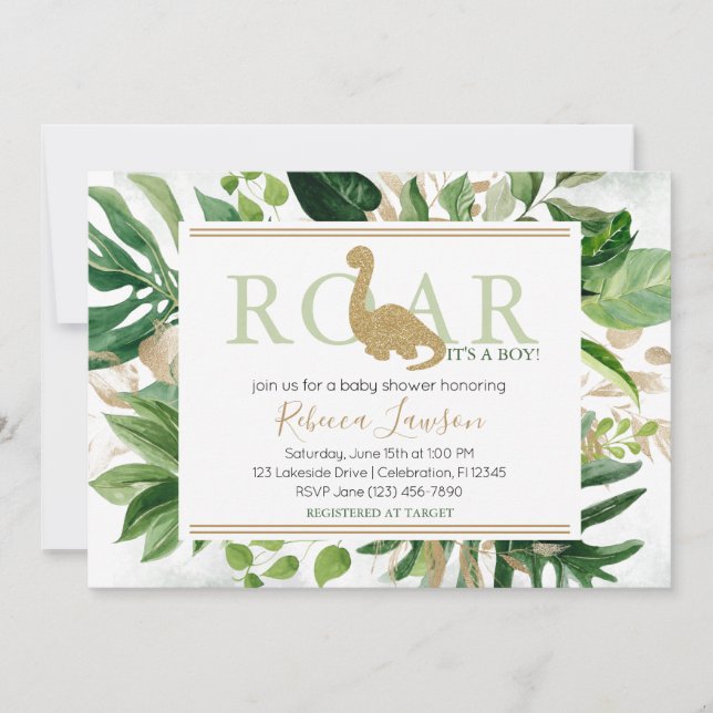 Cute Brontosaurus Dinosaur Baby Shower Green Gold Invitation (Front)