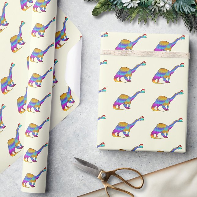 Cute Brontosaurus Dinosaur Christmas Wrapping Paper (Kids cute colorful dinosaur christmas wrapping paper Festive watercolor brontosaurus santa hat dino)