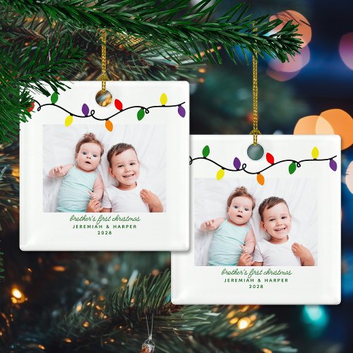 Cute Brothers First Christmas Lights Photo Ceramic Ornament