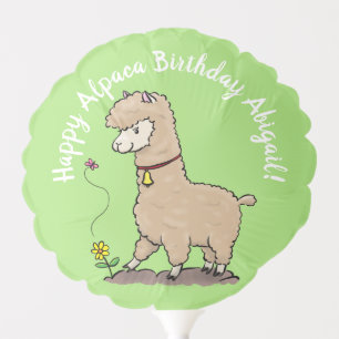 Cute brown alpaca with butterfly birthday cartoon balloon