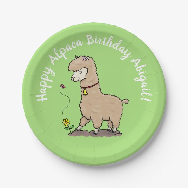 Cute brown alpaca with butterfly birthday cartoon paper plates (Front)