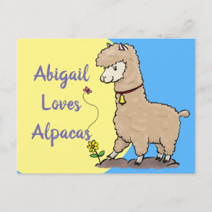 Cute brown alpaca with butterfly cartoon postcard