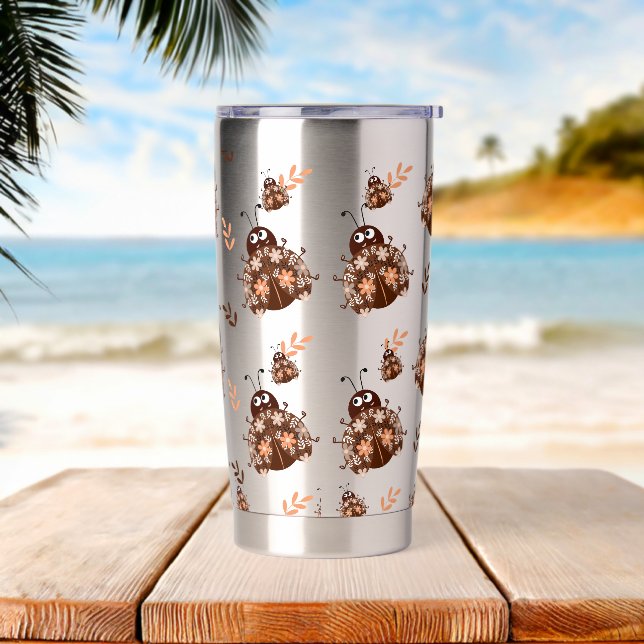 Cute Brown and Beige Ladybug and Flower Pattern Insulated Tumbler (Beach)