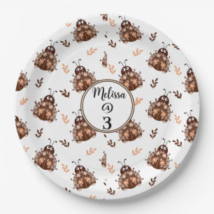 Cute Brown and Beige Ladybug and Flower Pattern Paper Plates