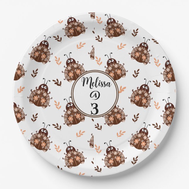 Cute Brown and Beige Ladybug and Flower Pattern Paper Plates (Front)