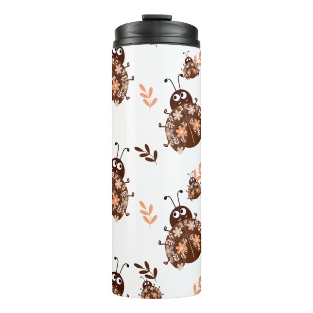 Cute Brown and Beige Ladybug and Flower Pattern Thermal Tumbler (Front)