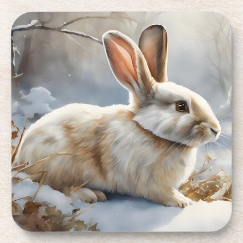 Cute Brown and White Bunny Rabbit in the Snow  Beverage Coaster