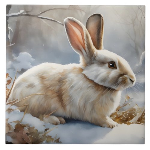 Cute Brown and White Bunny Rabbit in the Snow  Ceramic Tile