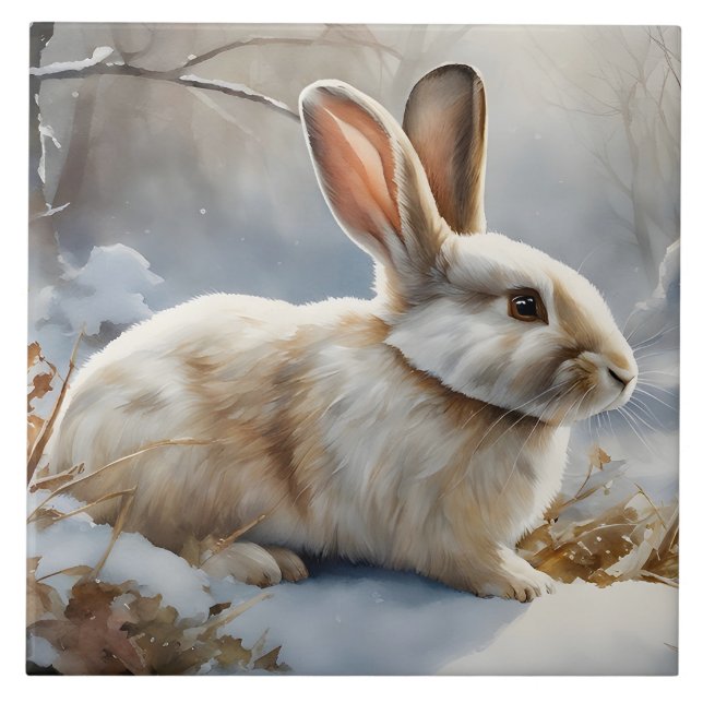 Cute Brown and White Bunny Rabbit in the Snow  Ceramic Tile (Front)