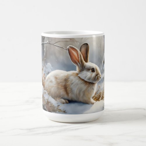 Cute Brown and White Bunny Rabbit in the Snow  Coffee Mug
