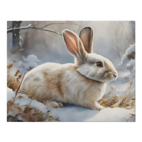 Cute Brown and White Bunny Rabbit in the Snow  Faux Canvas Print