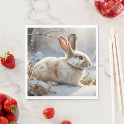 Cute Brown and White Bunny Rabbit in the Snow  Napkins